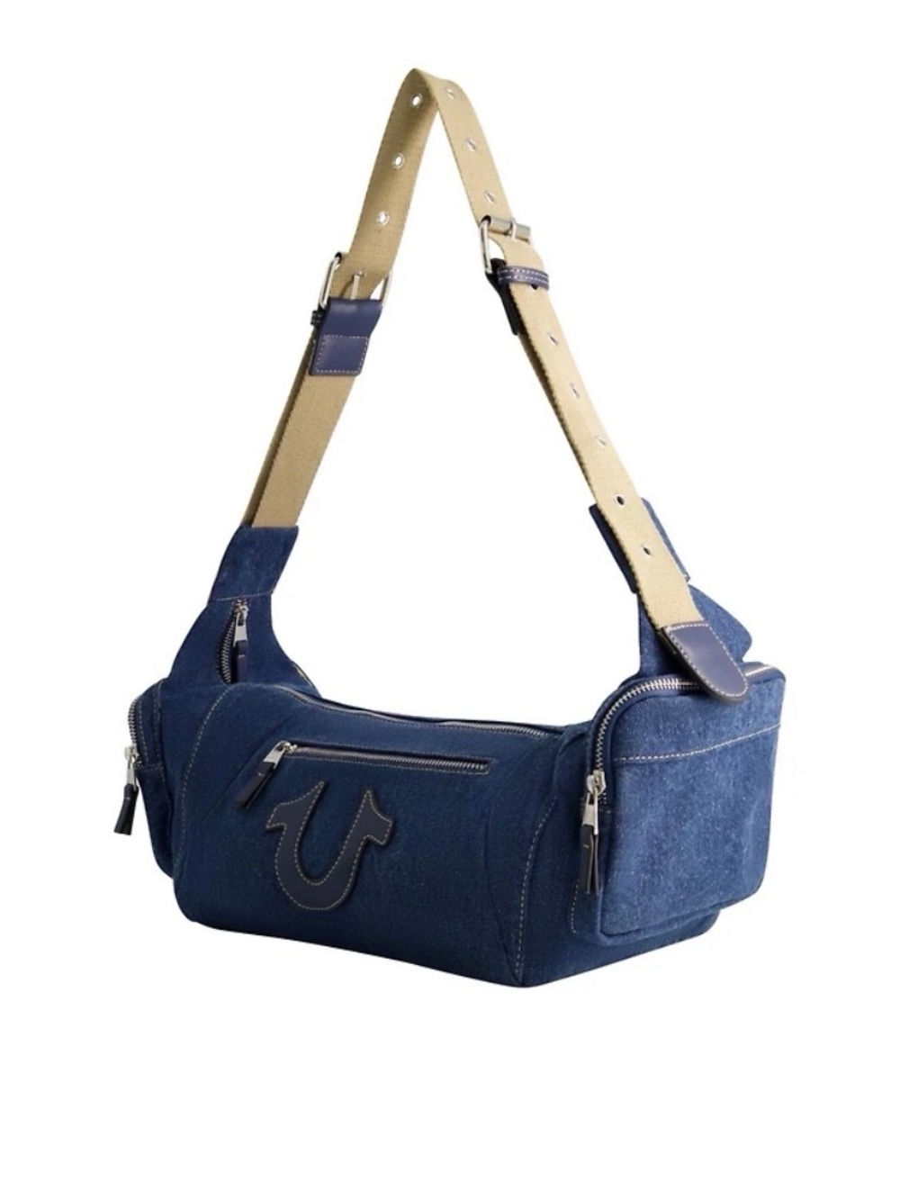 True Religion Blue Denim Belt Bag with Tan Strap